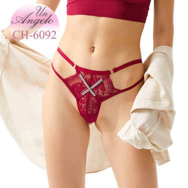 Lace thong with rhinestones