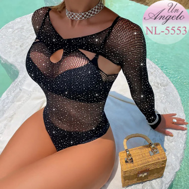 Блестящо мрежесто babydoll боди с кристали и дълъг ръкав