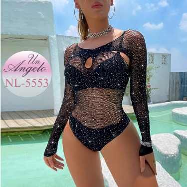 Блестящо мрежесто babydoll боди с кристали и дълъг ръкав