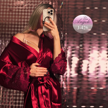 Short black satin robe with...