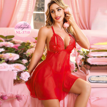 Червена Babydoll нощница NightLight с дантела, дълбоко деколте и прозрачна материя