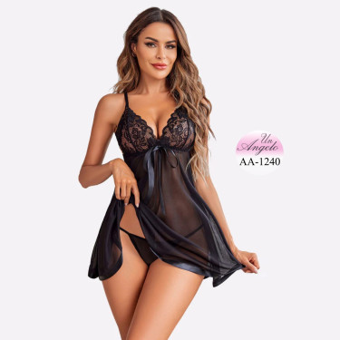 Полупрозрачна секси babydoll нощница с дантела и прашки