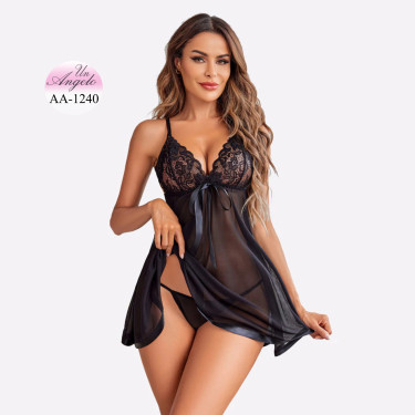 Полупрозрачна секси babydoll нощница с дантела и прашки