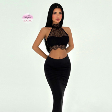 Long Skirt and Lace Bustier Set "Noir Élégance"
