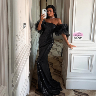 "Noir Élégance" evening dress with sequins and voluminous sleeves