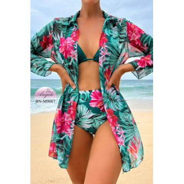 Tropical 3 Piece High Waist Swimsuit with Pareo | BN-M9007