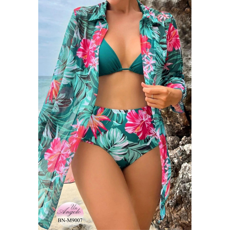 Tropical 3 Piece High Waist Swimsuit with Pareo | BN-M9007