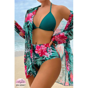 Tropical 3 Piece High Waist Swimsuit with Pareo | BN-M9007
