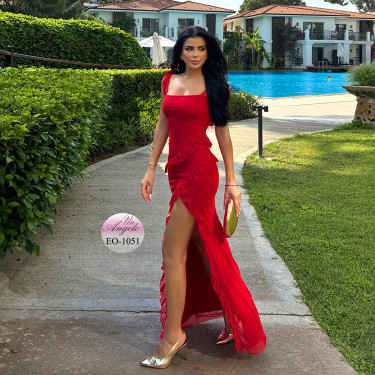 Formal long red dress Un Angelo EO-1051 with tulle, bare back and deep slit
