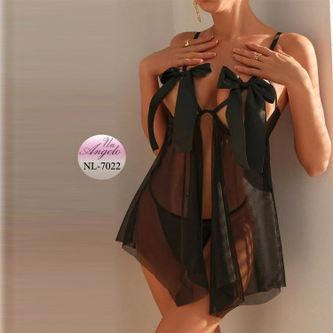 Черен прозрачен Babydoll NightLight с отворен бюст, сатенени панделки и регулируеми презрамки
