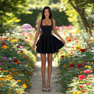 Short Black Dress with Full Skirt and Ribbon