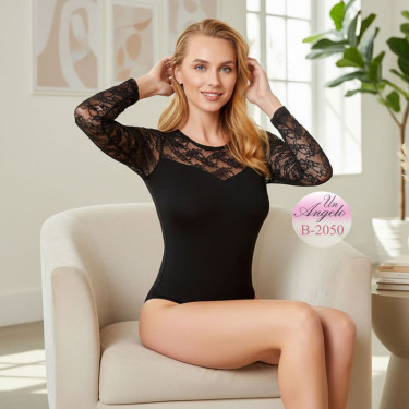 Elegant black bodysuit with lace sleeves