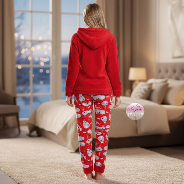 Fleece pajamas with hood - red/white (MAXI)