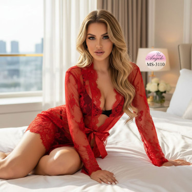 Transparent short lace robe in red with thongs