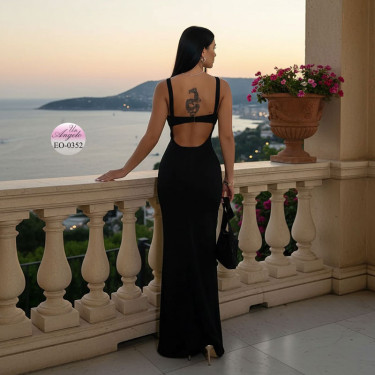 Long Evening Dress "Sculpted Noir": Cut Out Back | Un Angelo