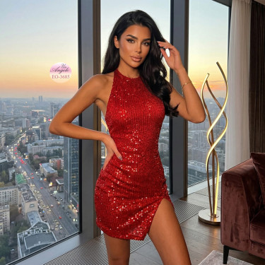 Short Red Dress "Ruby Rush" with Sequins and Backless | EYYO
