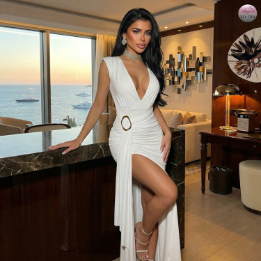Long White Dress "Monaco Glamour" with Slit and V-Neck | EYYO