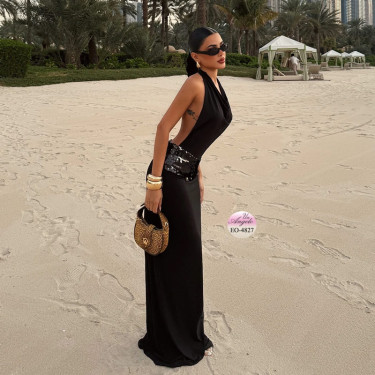 Long Black Dress "Obsidian Allure" with Backless and Sequins | EYYO