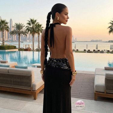 Long Black Dress "Obsidian Allure" with Backless and Sequins | EYYO