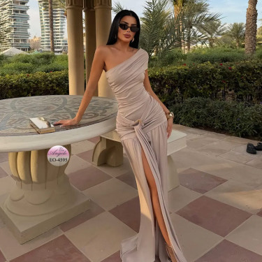 Long Elegant Dress "Desert Goddess" with One Shoulder (Latte Color)