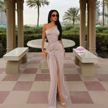 Long Elegant Dress "Desert Goddess" with One Shoulder (Latte Color)