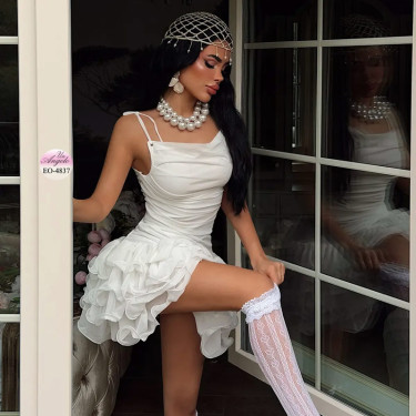 Short White Dress "Cloud Nine" with a Volume Skirt (Ecru) | EYYO