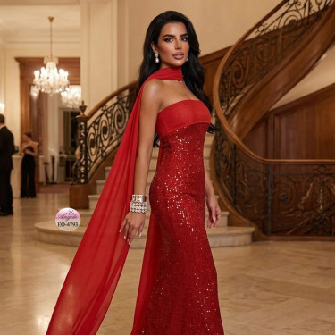 Long Red Ball Gown "Ruby Majesty" with Sequins | EYYO