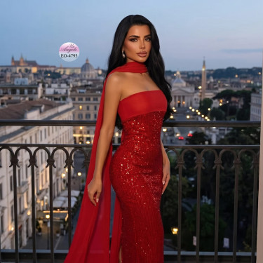 Long Red Ball Gown "Ruby Majesty" with Sequins | EYYO