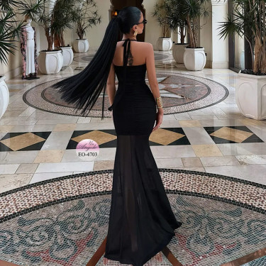 Formal black dress with bare back and slit | Un-Angelo