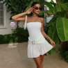 Short strapless summer dress, bare shoulders and decorative belt