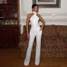 Elegant business set with bare back, halter scarf and straight trousers