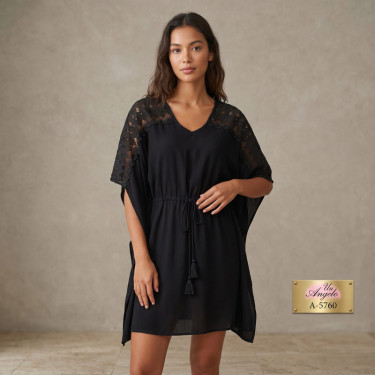 Black short beach tunic made of viscose with lace and belt