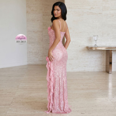 Pink long dress with sequins, thin straps and airy ruffles
