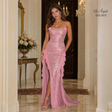 Pink long dress with sequins, thin straps and airy ruffles