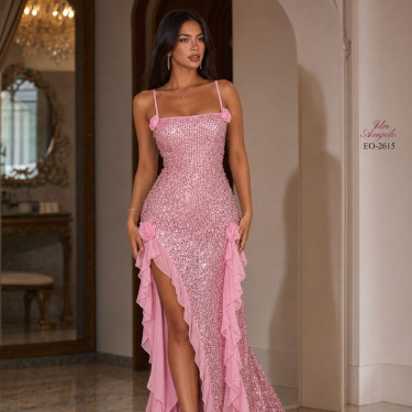 Pink long dress with sequins, thin straps and airy ruffles