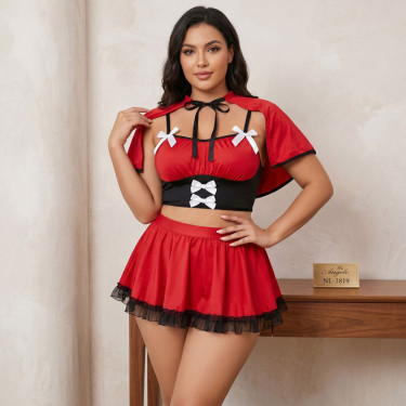 Sexy babydoll set Little Red Riding Hood with mini skirt, bustier and cape