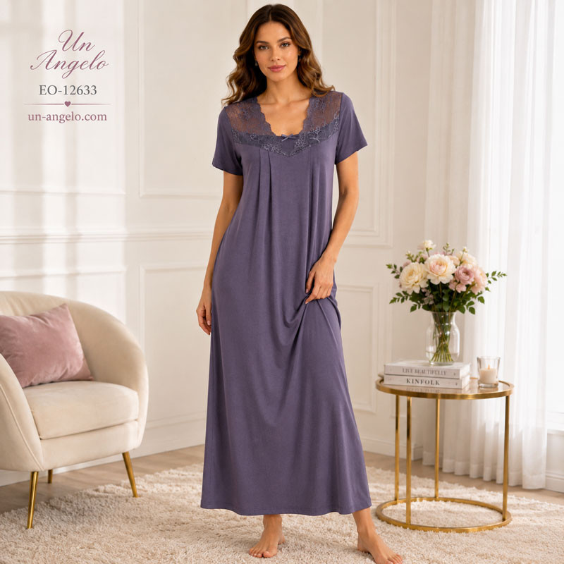 Purple maxi nightgown made of viscose with a lace neckline and a loose fit