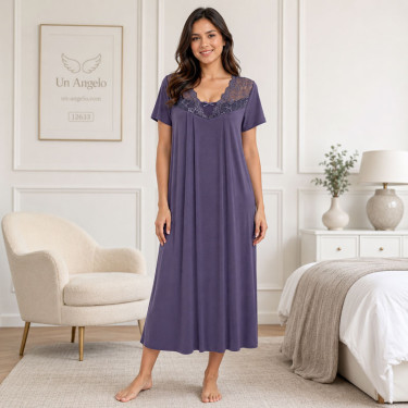 Purple maxi nightgown made of viscose with a lace neckline and a loose fit