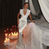Long Ecru Satin and Lace Evening Dress with V-Neck