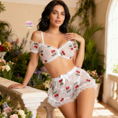 Sexy babydoll set with bustier, mini skirt and thong with cherry pattern