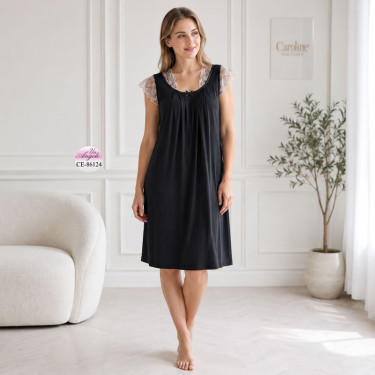 Black maxi nightgown made of viscose with lace, a loose line and a gather at the bust