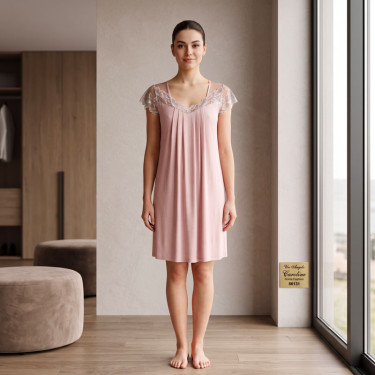 Powder maxi nightgown made of viscose with lace panel and loose line
