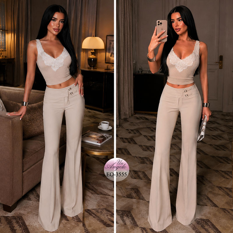 Elegant women's trousers with a wide belt, buckles and flared leg
