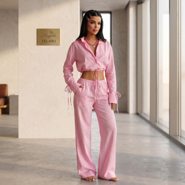 Pink casual women's set with short shirt, long sleeve and loose pants