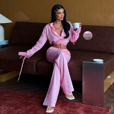Pink casual women's set with short shirt, long sleeve and loose pants