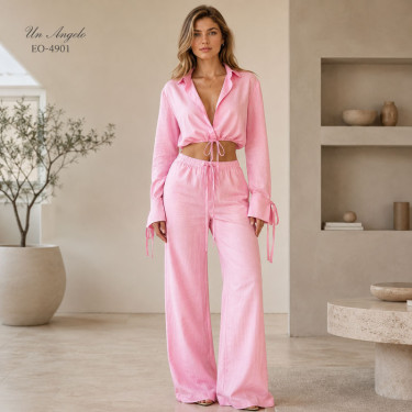 Pink casual women's set with short shirt, long sleeve and loose pants