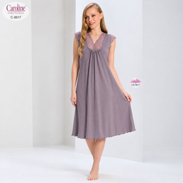 Purple maxi nightgown Caroline with lace panel, loose line and medium length