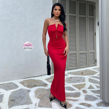 Long red bustier dress with ribbon, cut-out back and hidden zipper
