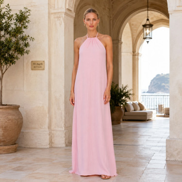 Long pink summer halter dress with a free line and open back