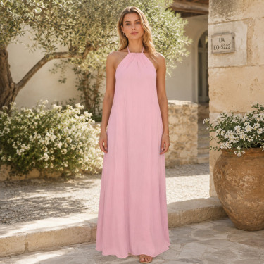 Long pink summer halter dress with a free line and open back